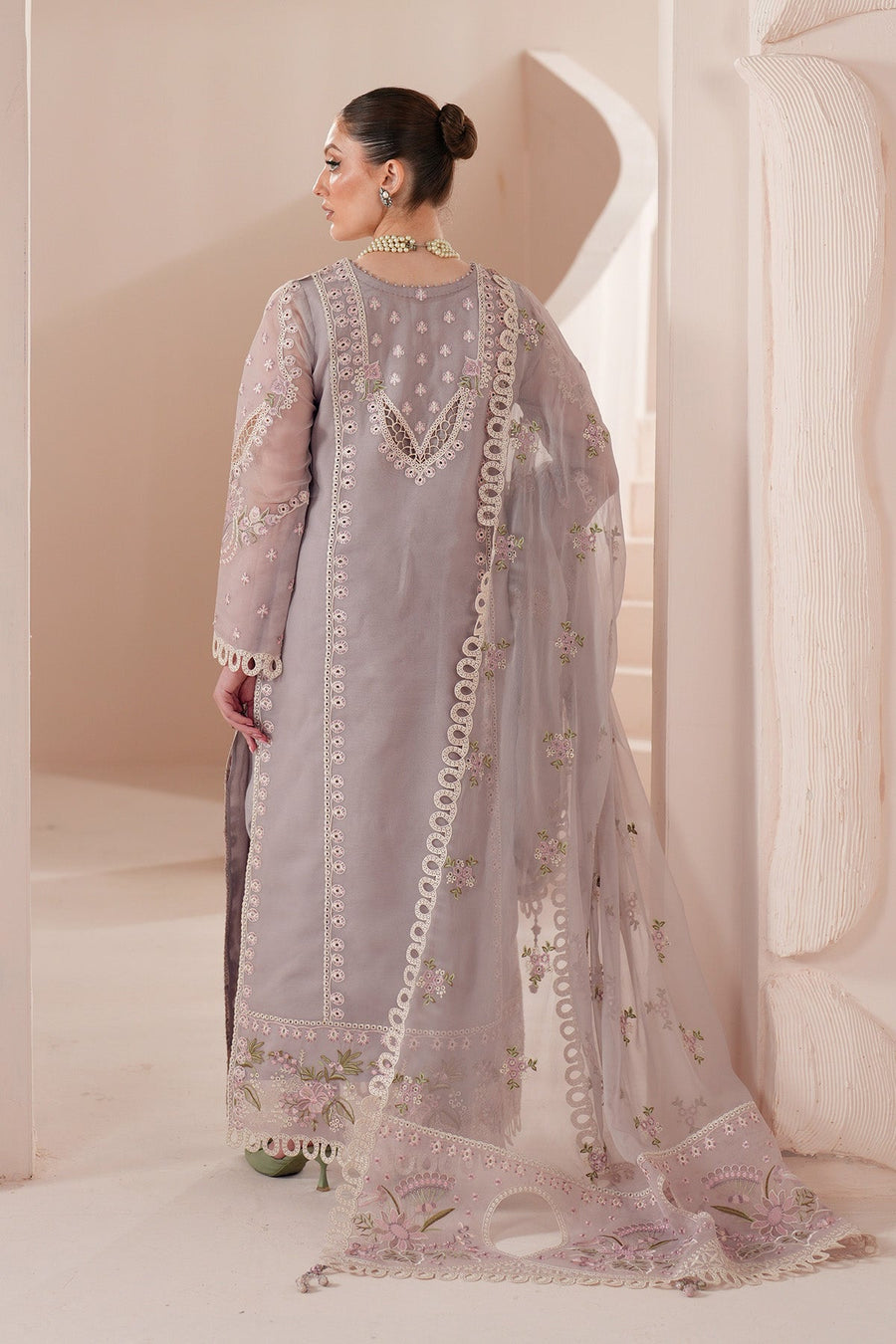 Back view of lavender chiffon embroidered formal suit with lace trimmed dupatta