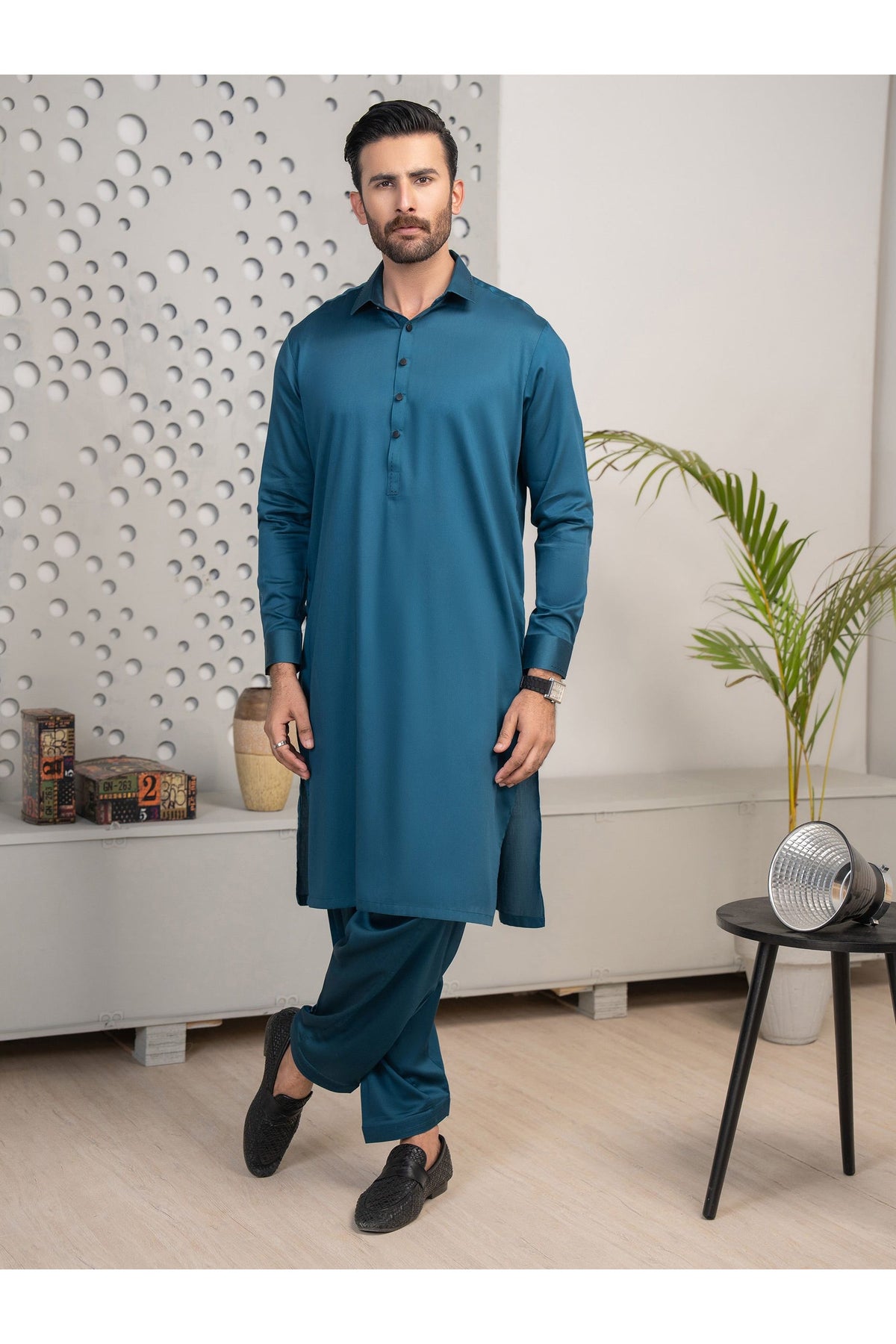 Teal Satin 2-Piece Men's Kurta Suit | Button-Front Collar