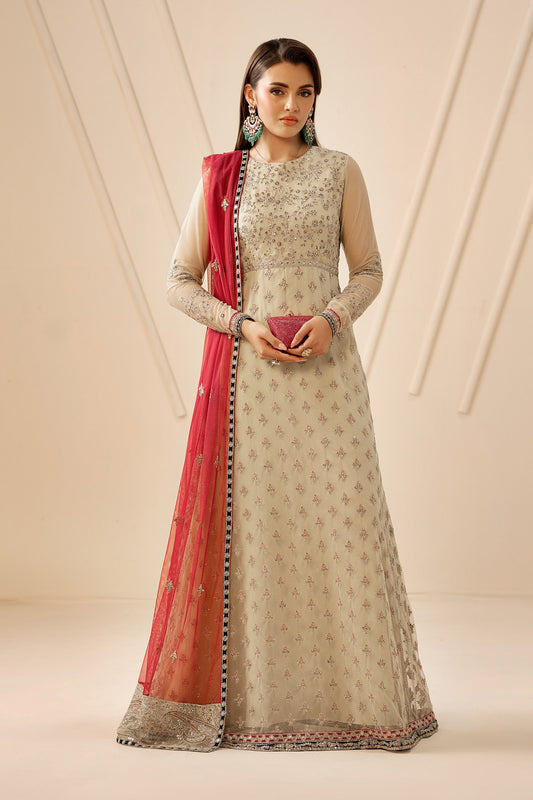 Ivory Sequins Embroidered Net Anarkali Suit with Contrast Pink Dupatta