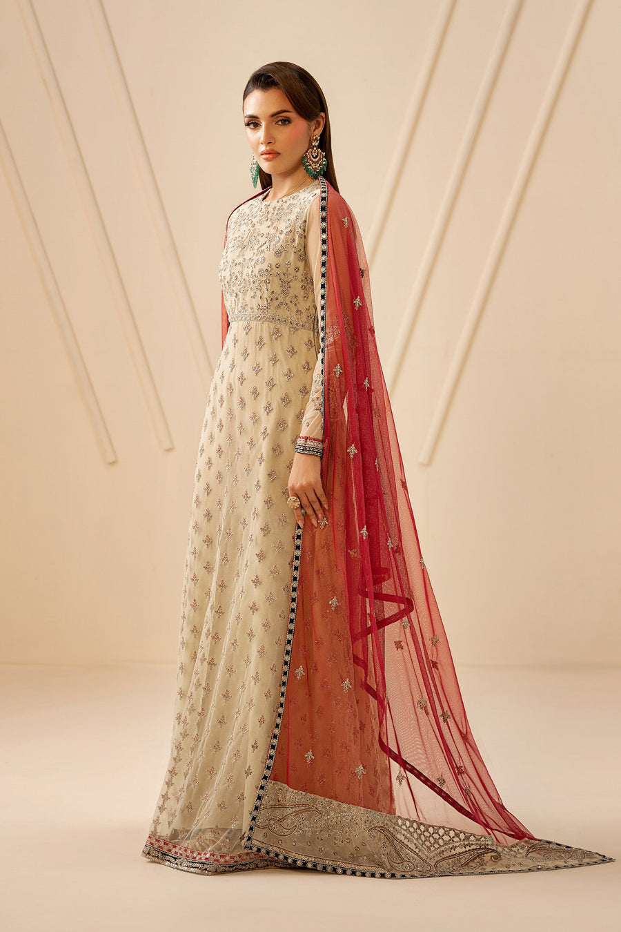 Ivory Sequins Embroidered Net Anarkali Suit with Contrast Pink Dupatta