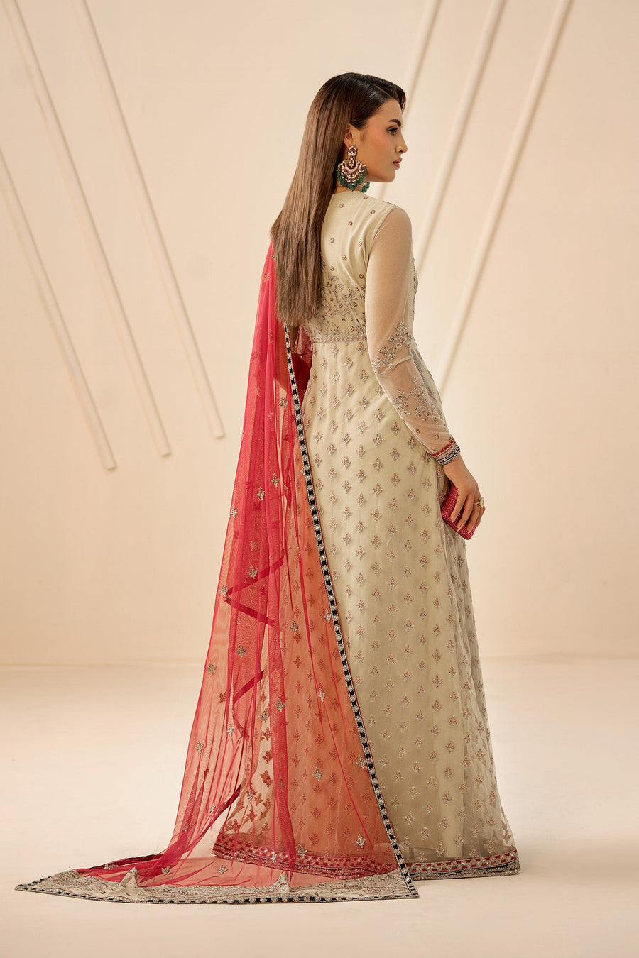 Ivory Sequins Embroidered Net Anarkali Suit with Contrast Pink Dupatta