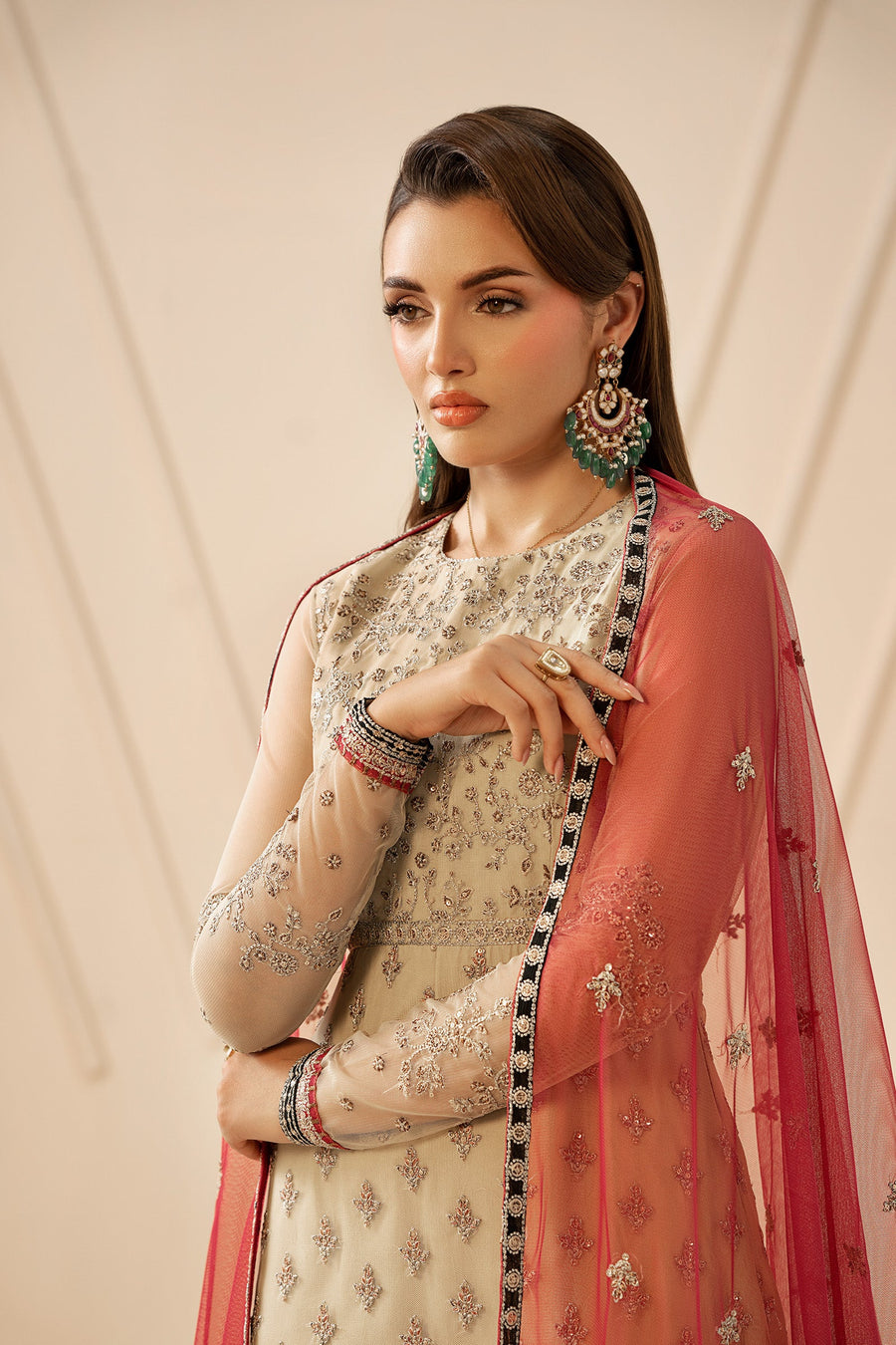 Ivory Sequins Embroidered Net Anarkali Suit with Contrast Pink Dupatta