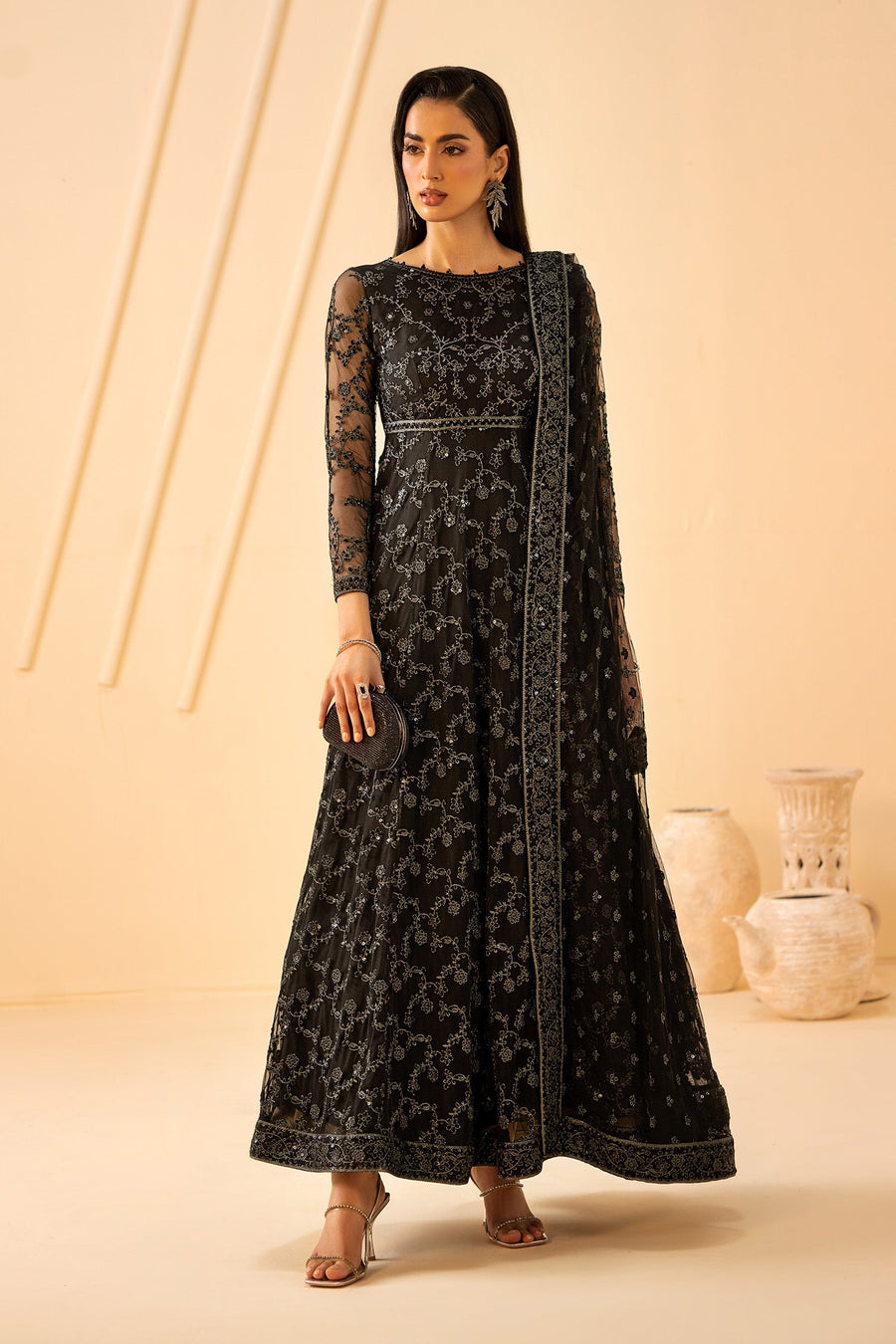 Black Sequins Embroidered Net Draped Gown Suit with Matching Dupatta