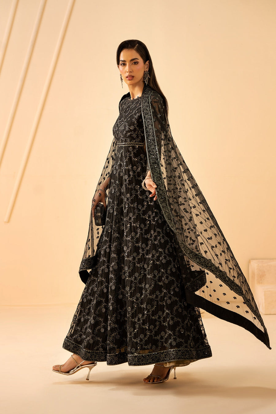 Black Sequins Embroidered Net Draped Gown Suit with Matching Dupatta
