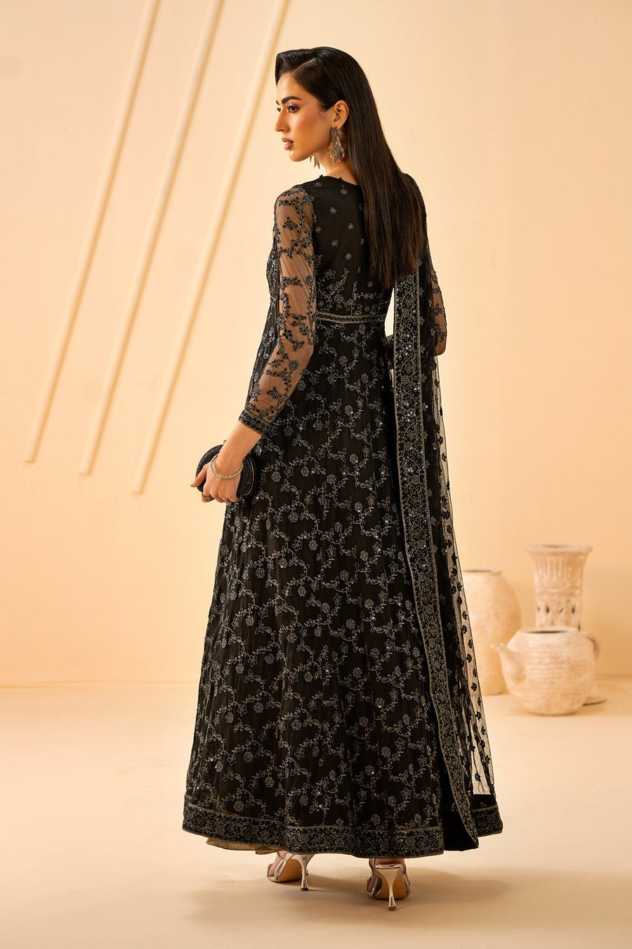Black Sequins Embroidered Net Draped Gown Suit with Matching Dupatta