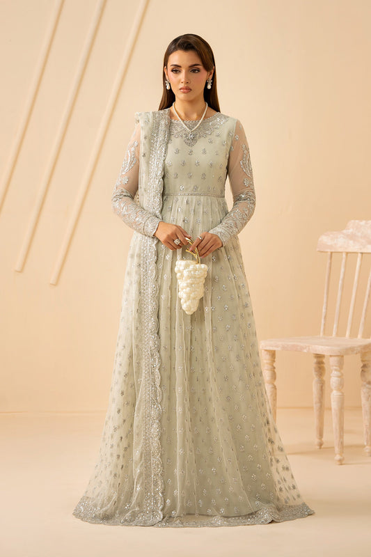 Ivory Silver Sequins Embroidered Net Anarkali Suit with Net Dupatta