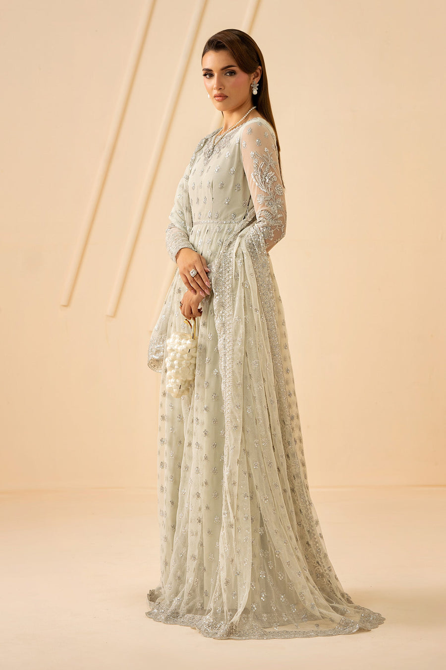 Ivory Silver Sequins Embroidered Net Anarkali Suit with Net Dupatta