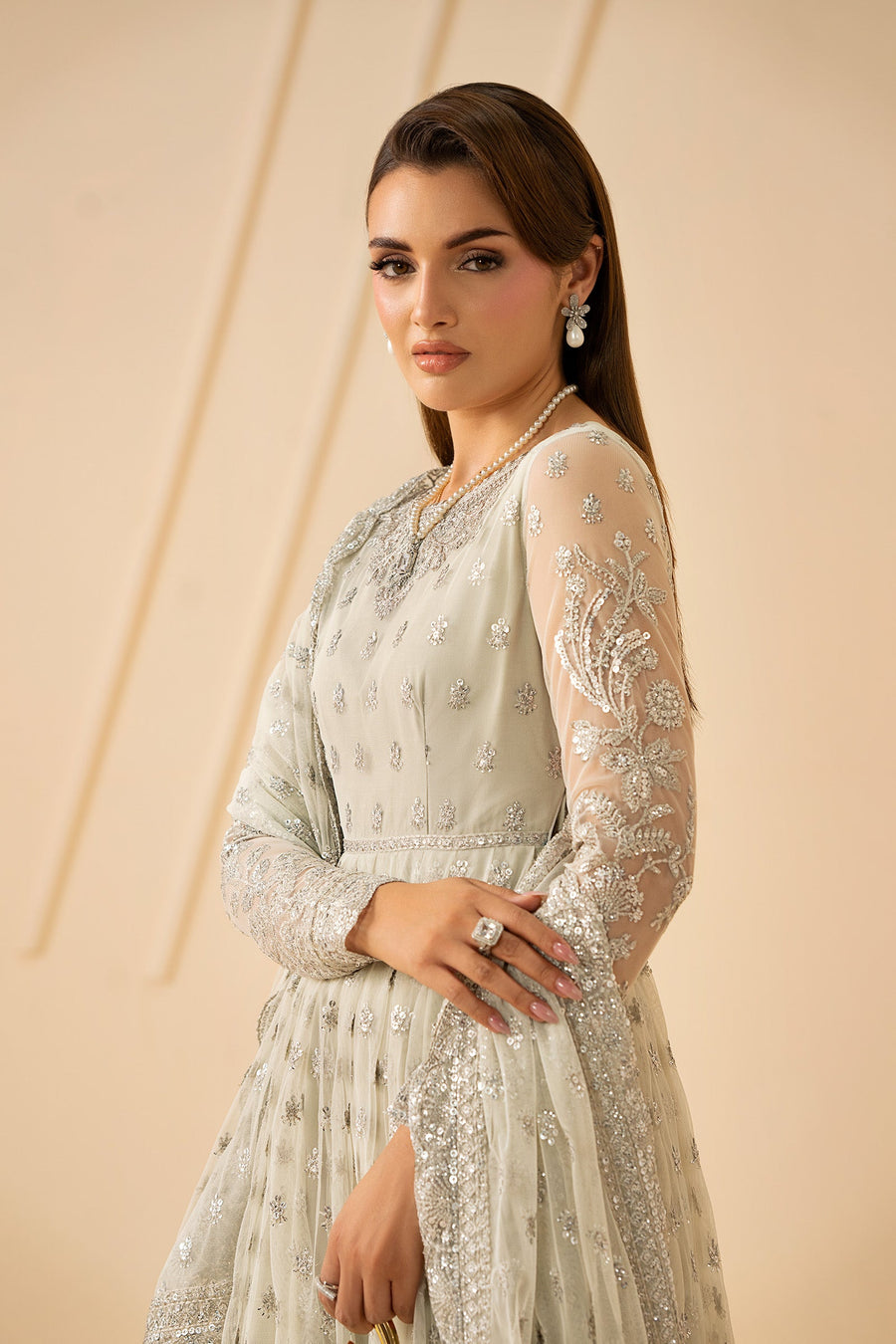 Ivory Silver Sequins Embroidered Net Anarkali Suit with Net Dupatta