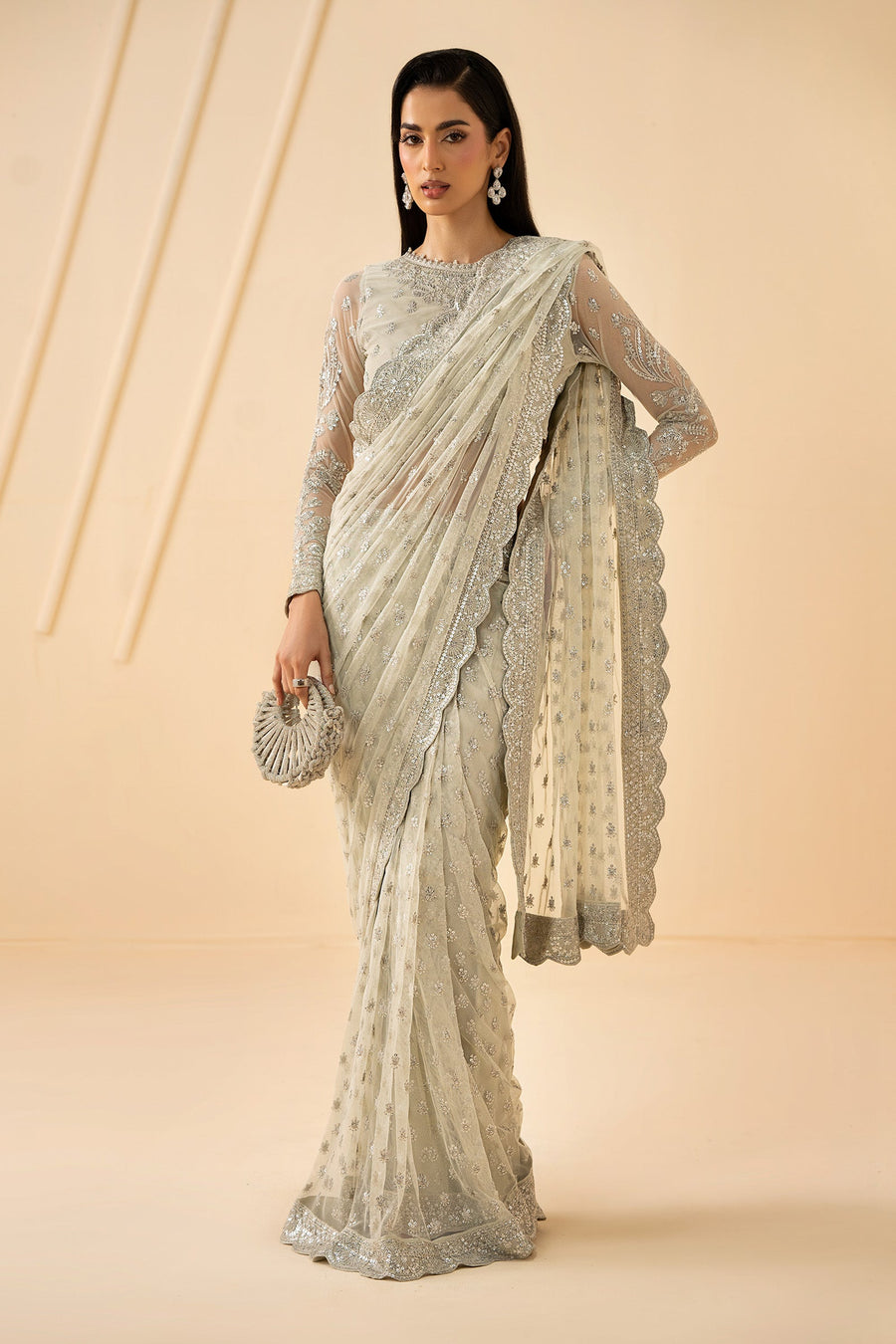 Ivory Silver Sequins Embroidered Net Anarkali Suit with Net Dupatta
