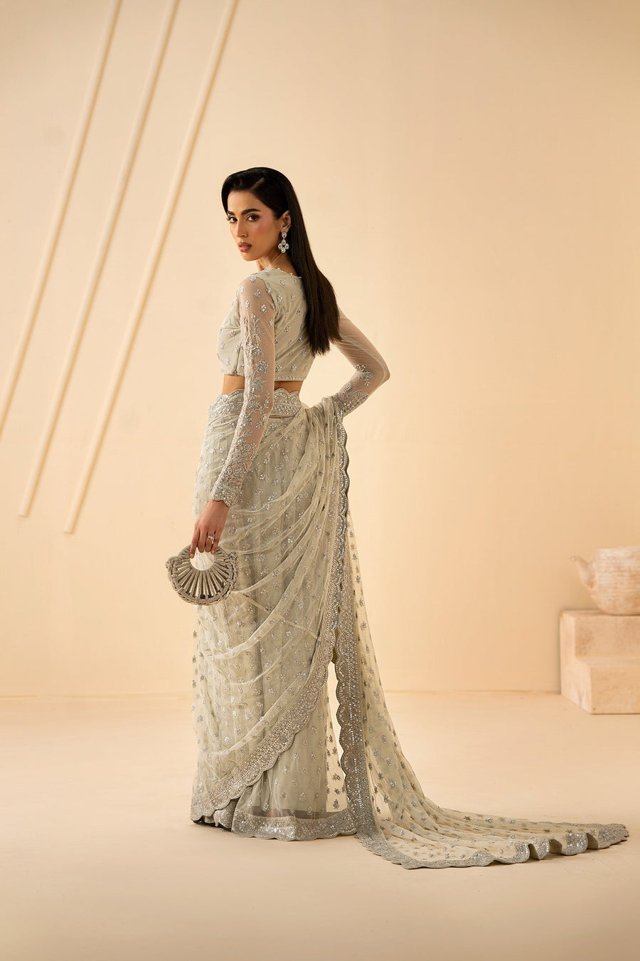 Ivory Silver Sequins Embroidered Net Anarkali Suit with Net Dupatta