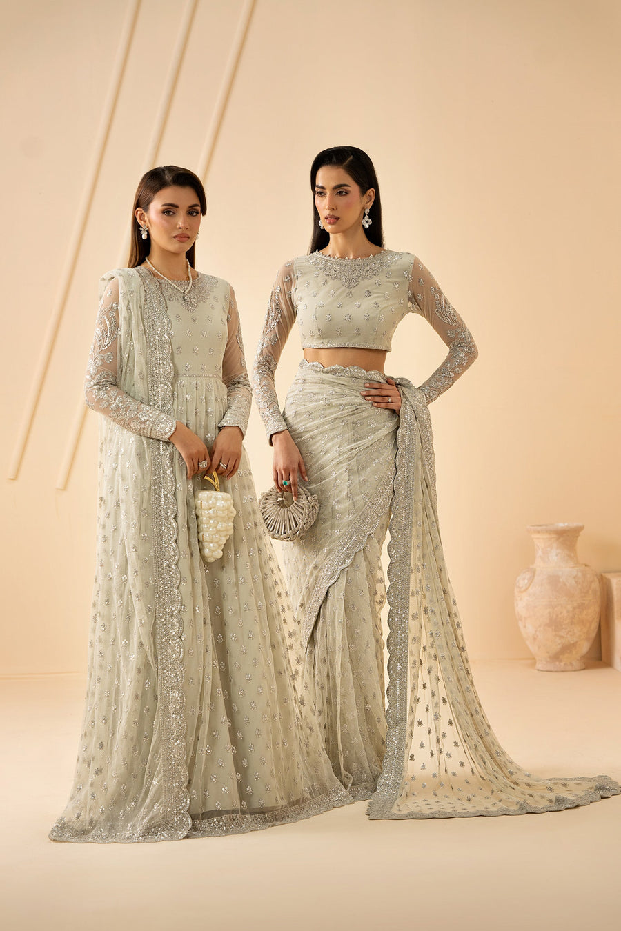 Ivory Silver Sequins Embroidered Net Anarkali Suit with Net Dupatta