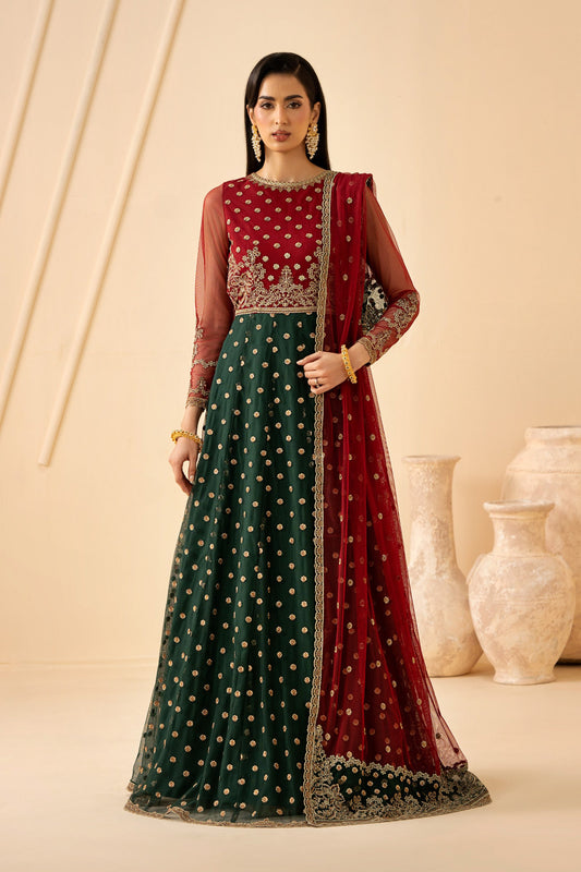 Red and Emerald Embroidered Net Anarkali Suit with Matching Dupatta