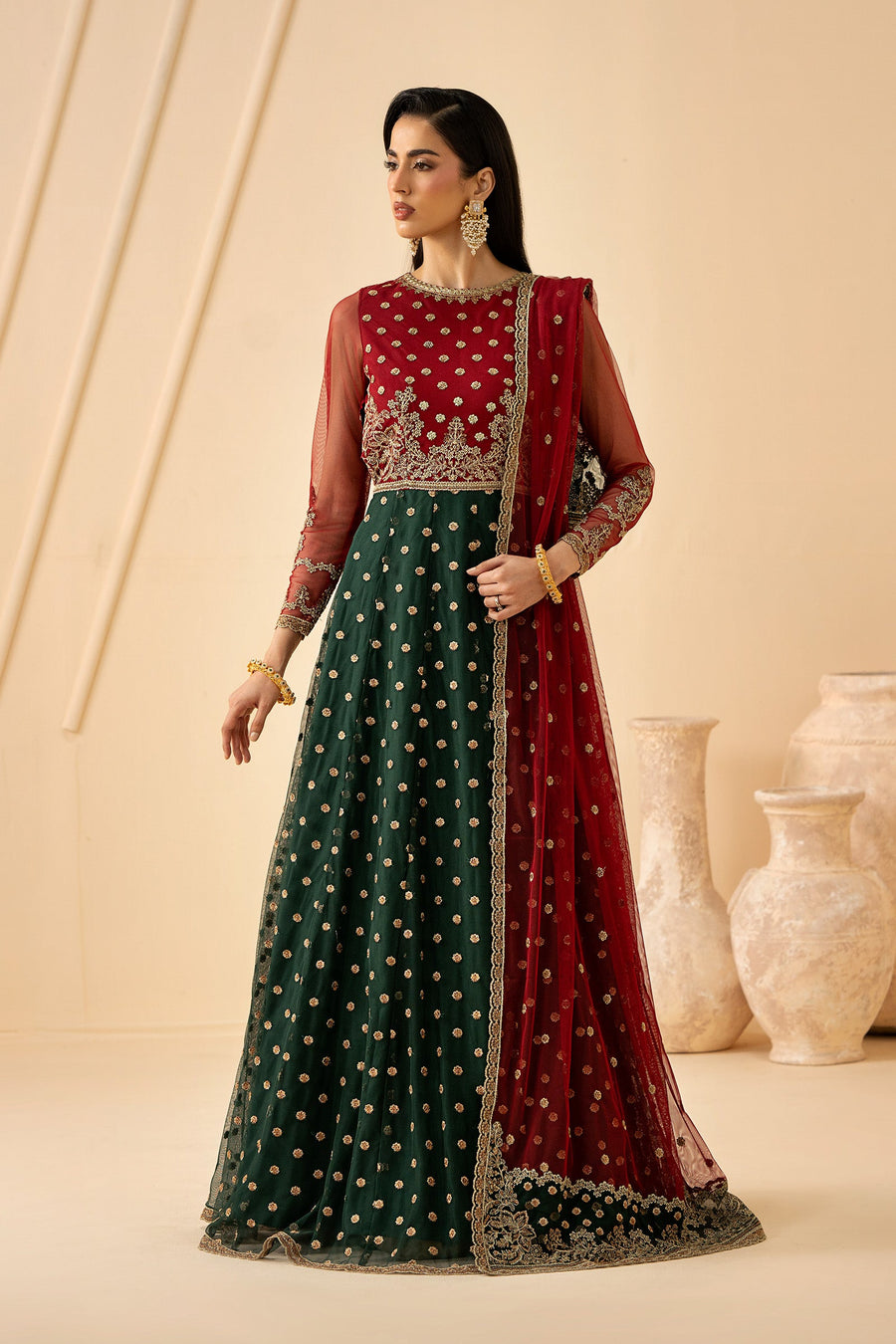 Red and Emerald Embroidered Net Anarkali Suit with Matching Dupatta