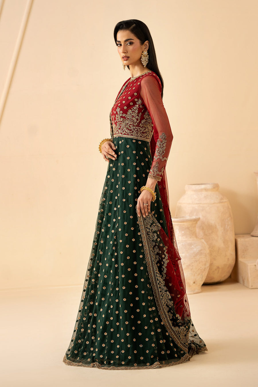 Red and Emerald Embroidered Net Anarkali Suit with Matching Dupatta