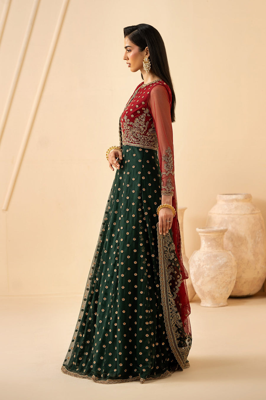 Red and Emerald Embroidered Net Anarkali Suit with Matching Dupatta