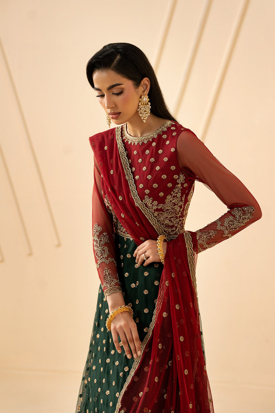 Red and Emerald Embroidered Net Anarkali Suit with Matching Dupatta