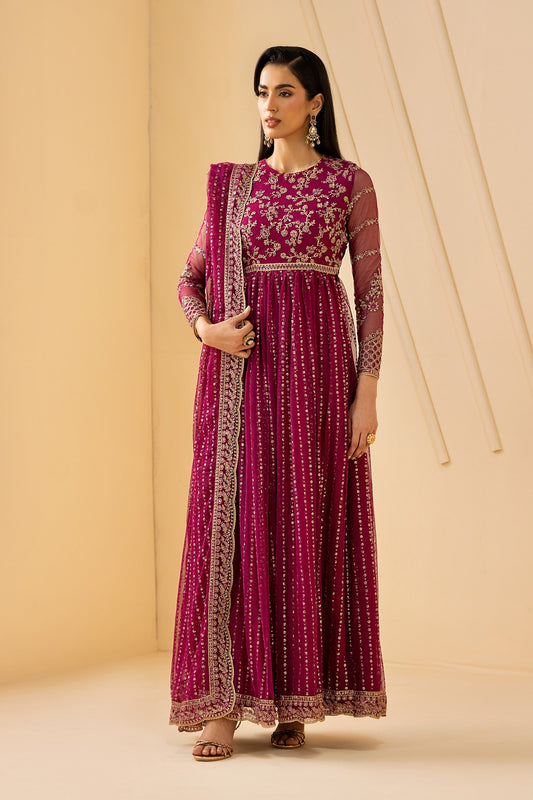 Magenta Sequins Embroidered Net Anarkali Suit with Matching Dupatta
