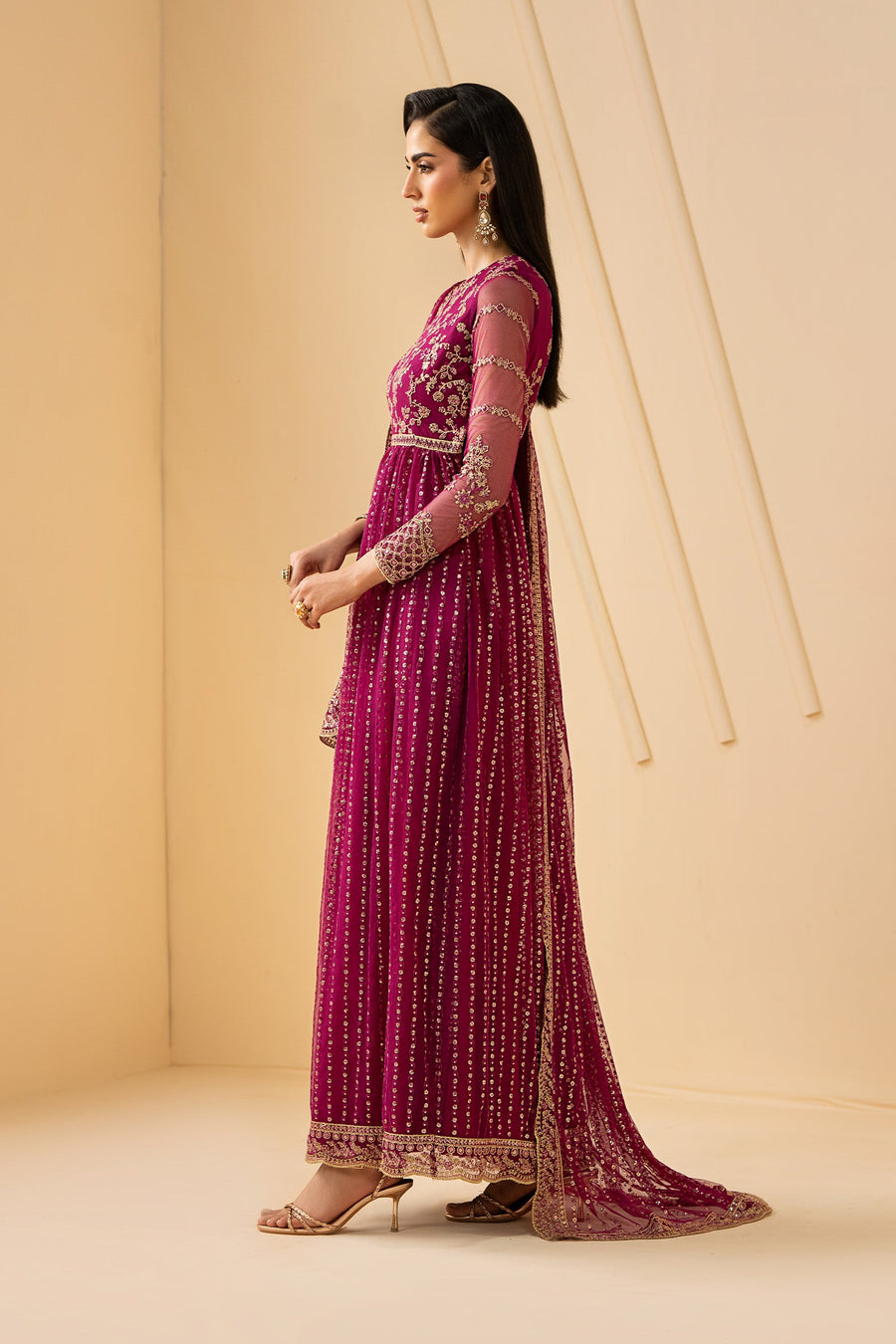Magenta Sequins Embroidered Net Anarkali Suit with Matching Dupatta
