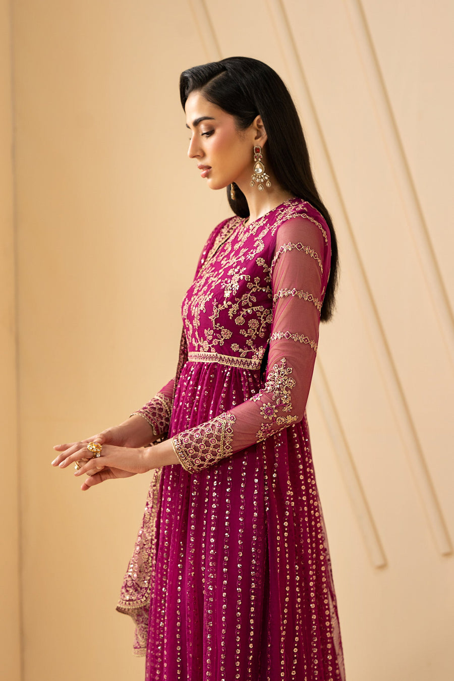 Magenta Sequins Embroidered Net Anarkali Suit with Matching Dupatta