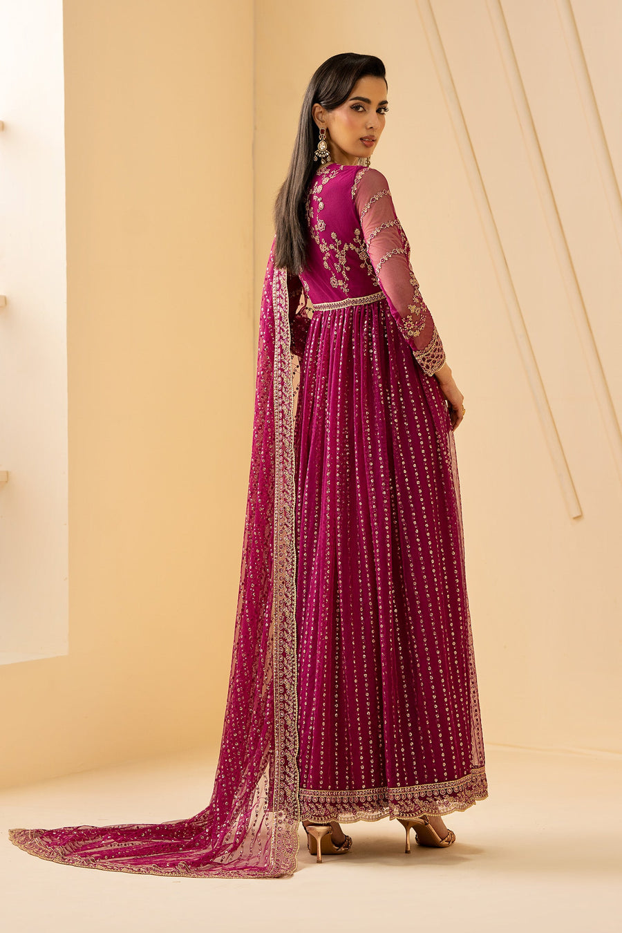 Magenta Sequins Embroidered Net Anarkali Suit with Matching Dupatta
