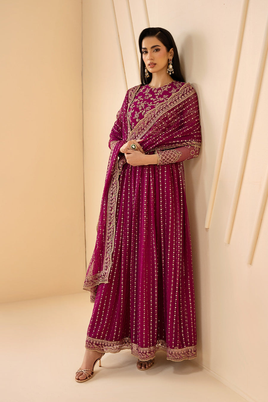 Magenta Sequins Embroidered Net Anarkali Suit with Matching Dupatta