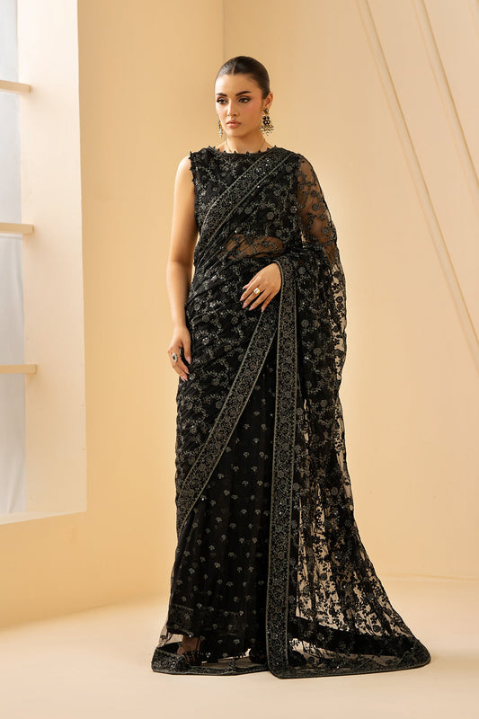 Black Sequins Embroidered Net Draped Gown Suit with Matching Dupatta