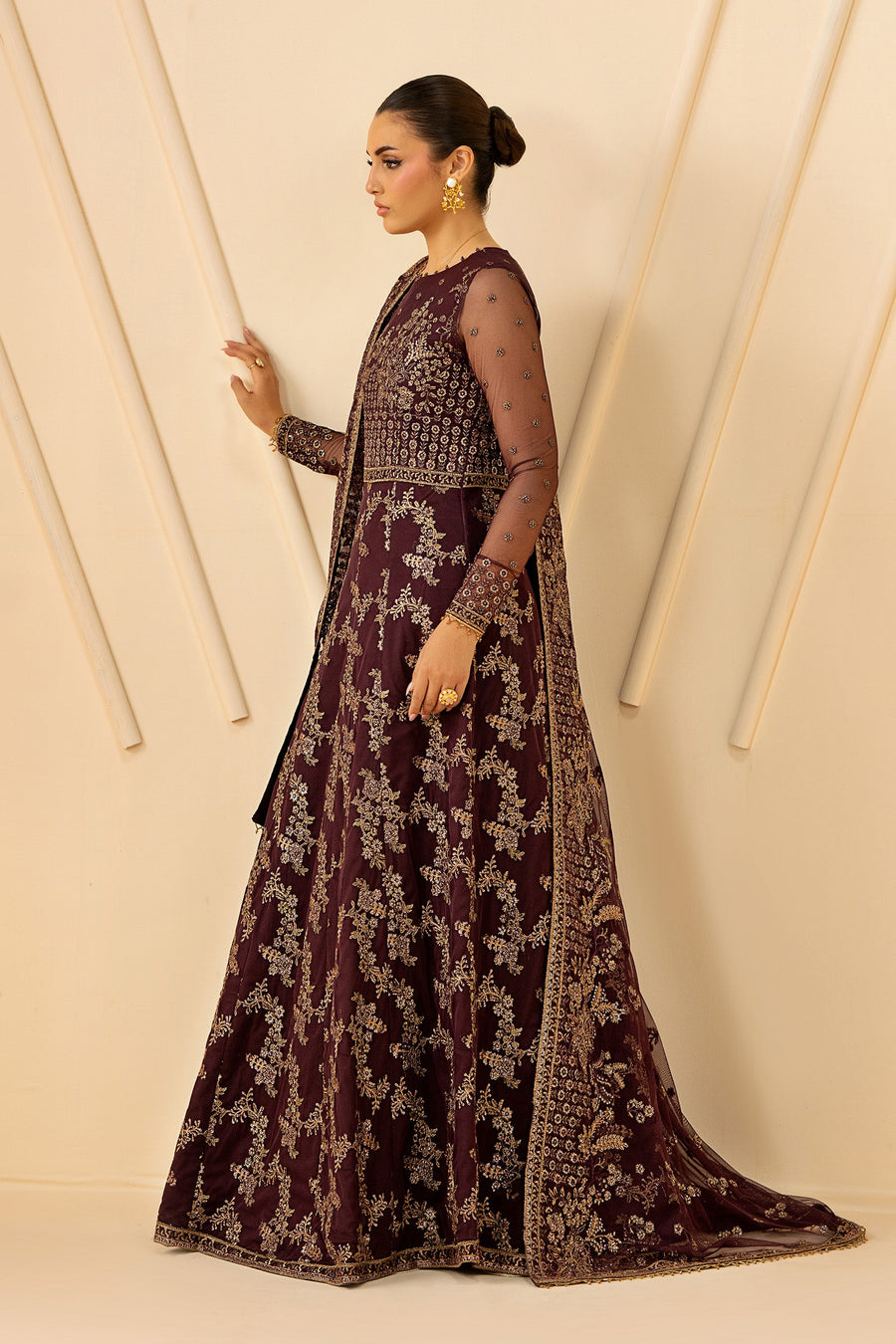 Deep Maroon Sequins Embroidered Net Anarkali Suit with Matching Dupatta