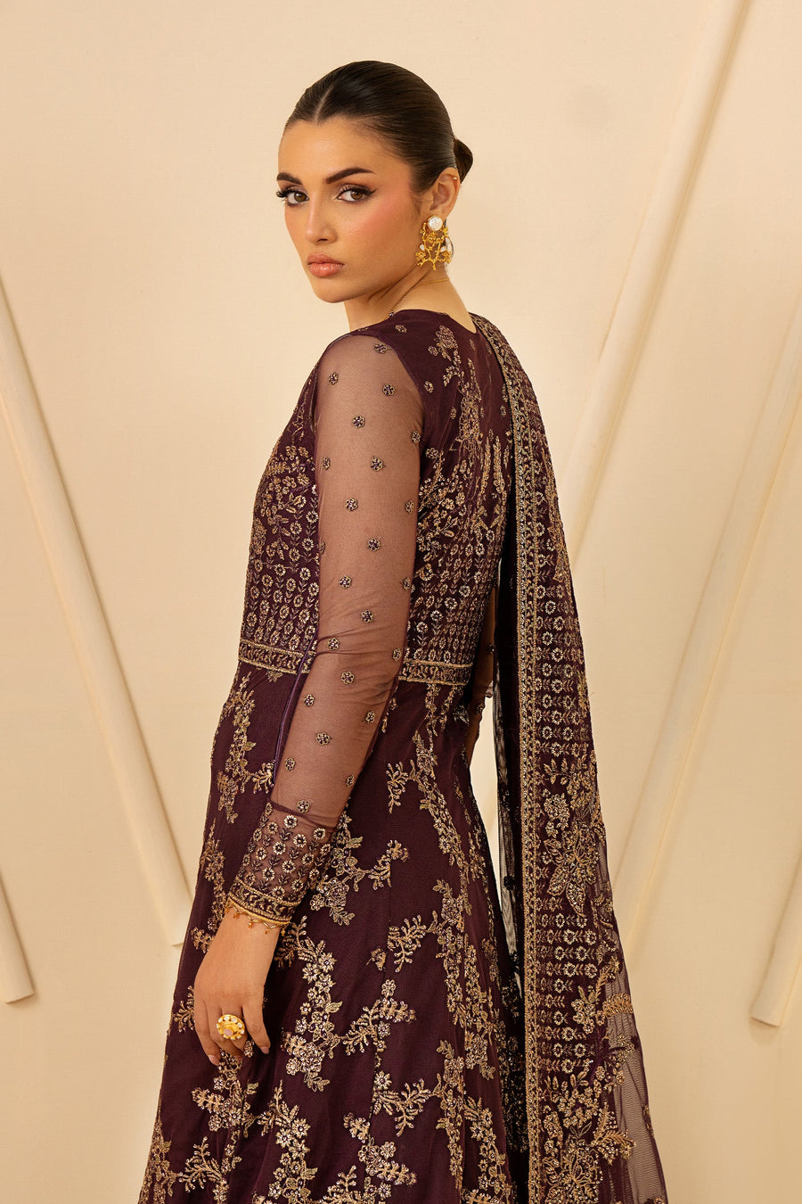 Deep Maroon Sequins Embroidered Net Anarkali Suit with Matching Dupatta