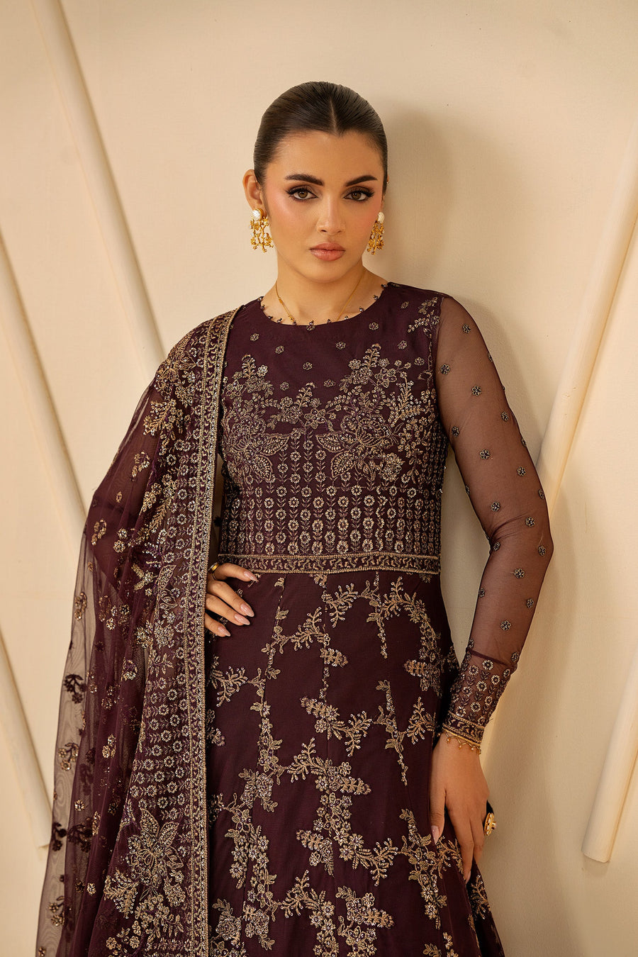 Deep Maroon Sequins Embroidered Net Anarkali Suit with Matching Dupatta