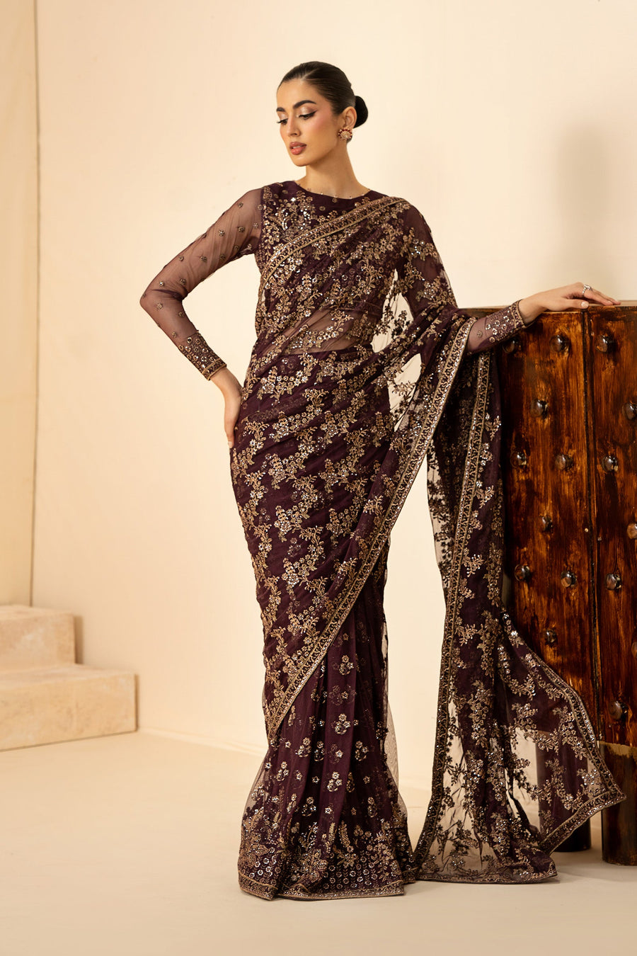 Deep Maroon Sequins Embroidered Net Anarkali Suit with Matching Dupatta