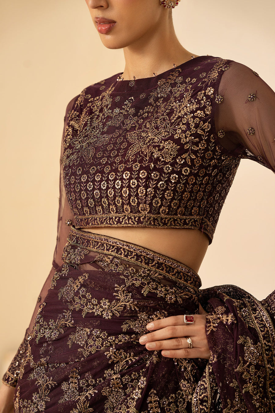 Deep Maroon Sequins Embroidered Net Anarkali Suit with Matching Dupatta