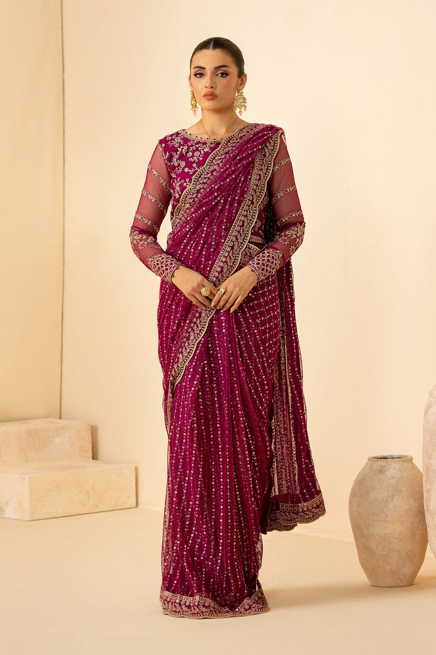 Magenta Sequins Embroidered Net Anarkali Suit with Matching Dupatta
