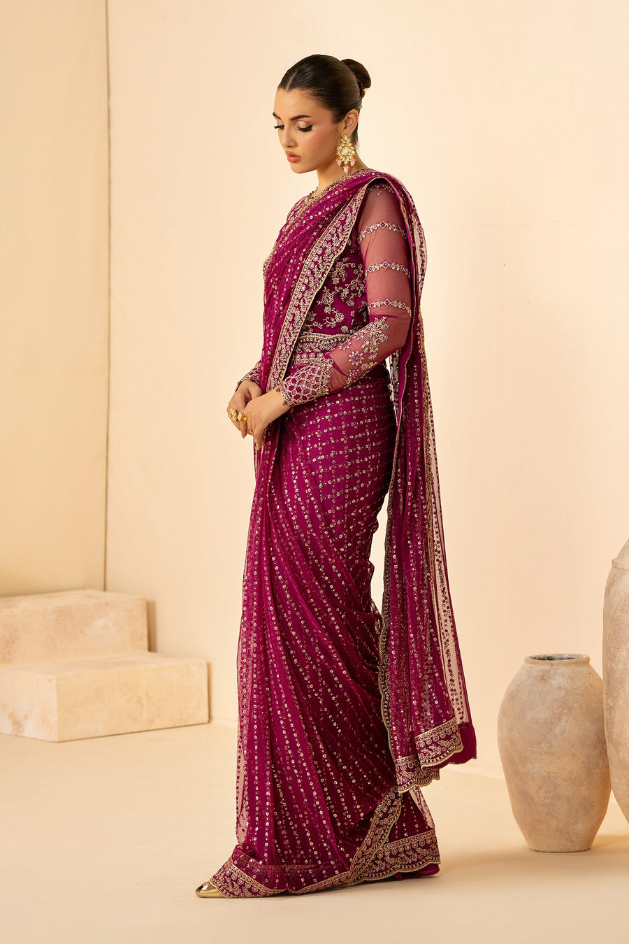 Magenta Sequins Embroidered Net Anarkali Suit with Matching Dupatta