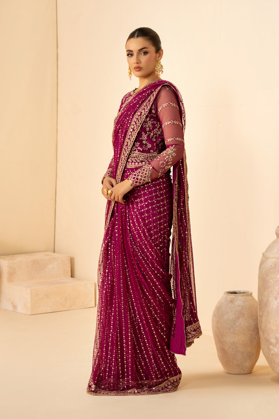 Magenta Sequins Embroidered Net Anarkali Suit with Matching Dupatta