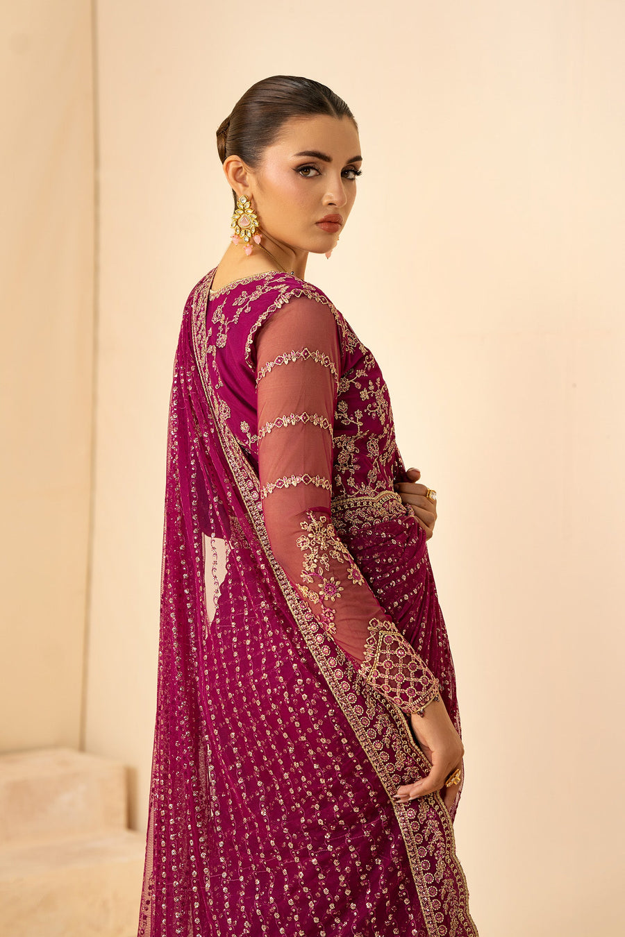 Magenta Sequins Embroidered Net Anarkali Suit with Matching Dupatta