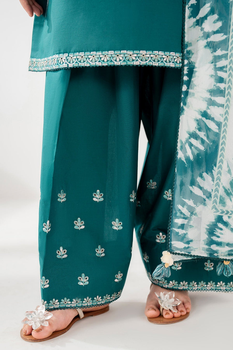Teal Green Embroidered Lawn Suit with Embroidered Trousers and Printed Chiffon Dupatta