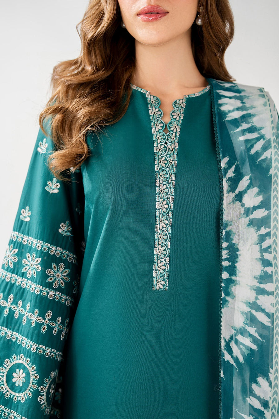 Teal Green Embroidered Lawn Suit with Embroidered Trousers and Printed Chiffon Dupatta