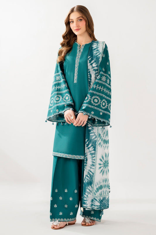 Teal Green Embroidered Lawn Suit with Embroidered Trousers and Printed Chiffon Dupatta