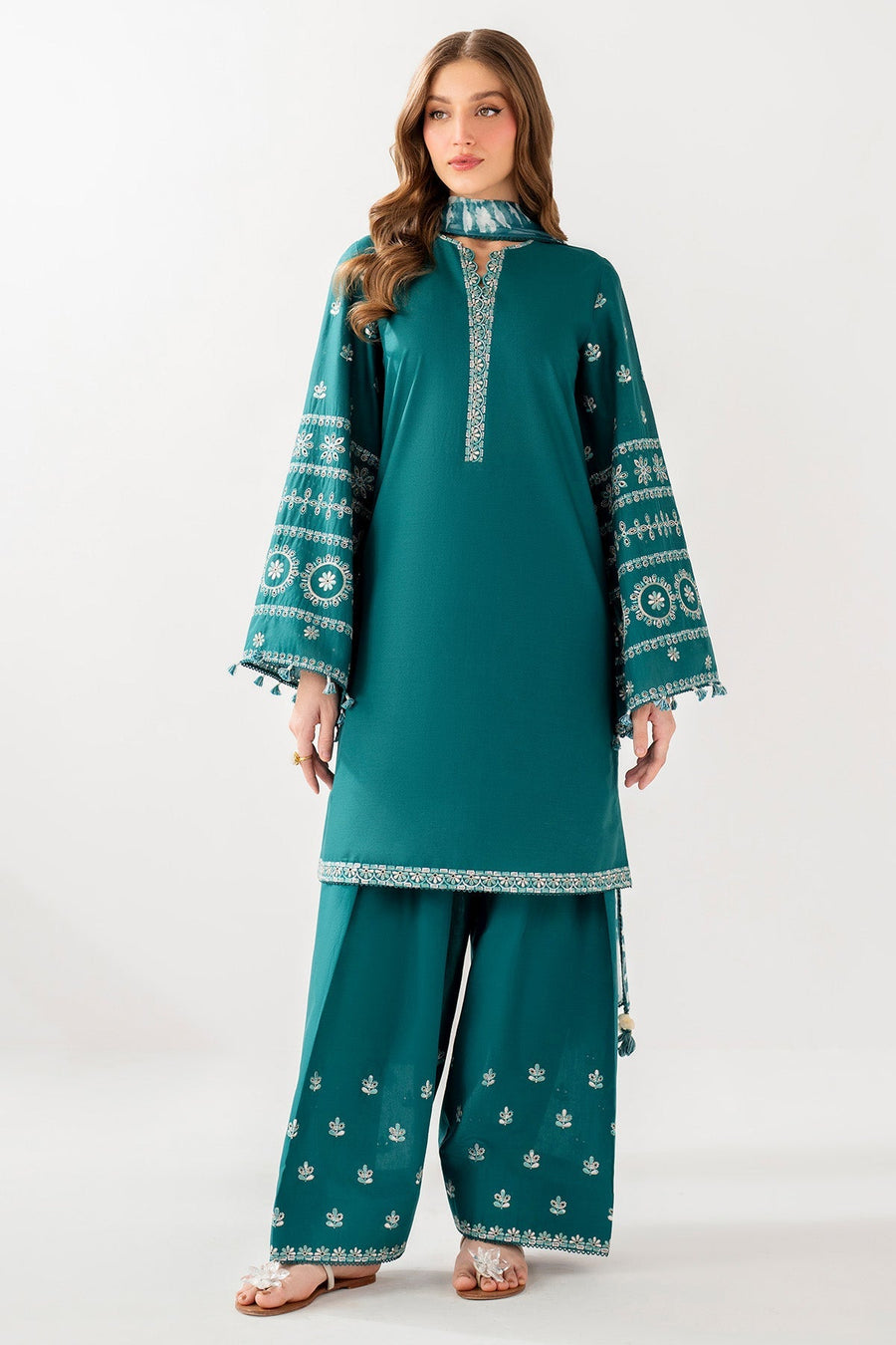 Teal Green Embroidered Lawn Suit with Embroidered Trousers and Printed Chiffon Dupatta