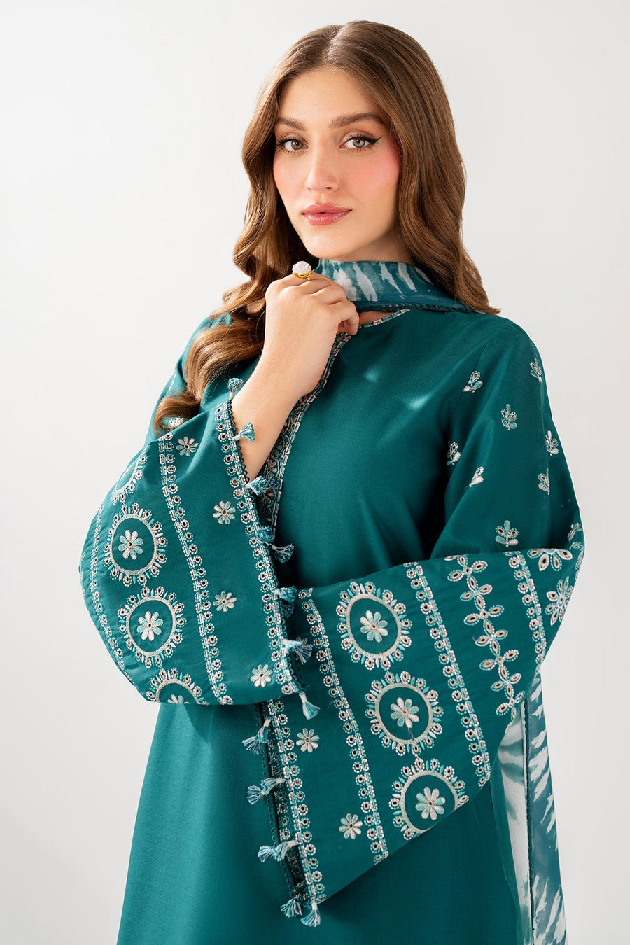 Teal Green Embroidered Lawn Suit with Embroidered Trousers and Printed Chiffon Dupatta