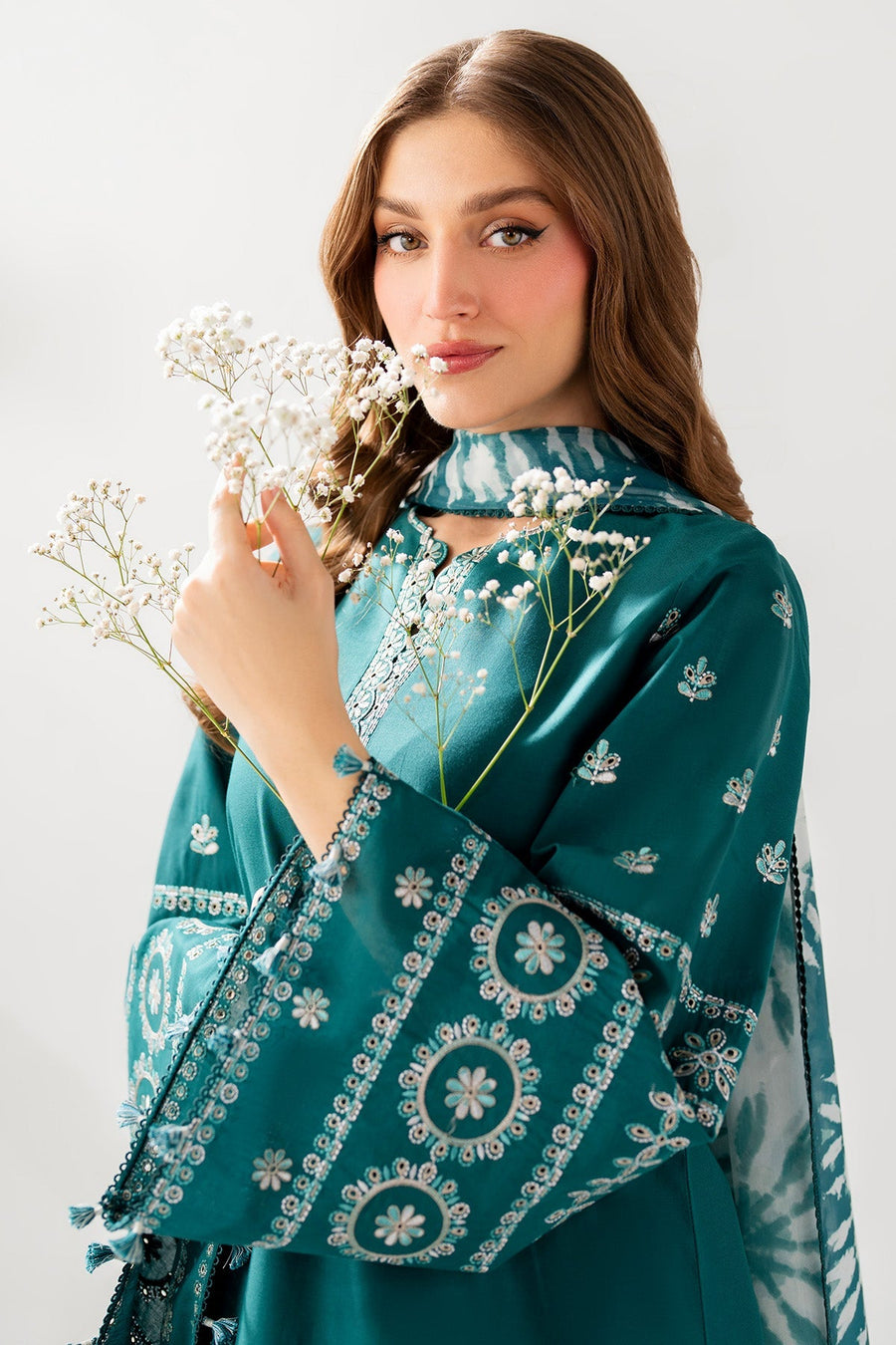 Teal Green Embroidered Lawn Suit with Embroidered Trousers and Printed Chiffon Dupatta