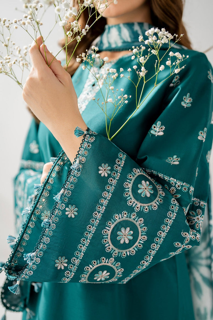 Teal Green Embroidered Lawn Suit with Embroidered Trousers and Printed Chiffon Dupatta