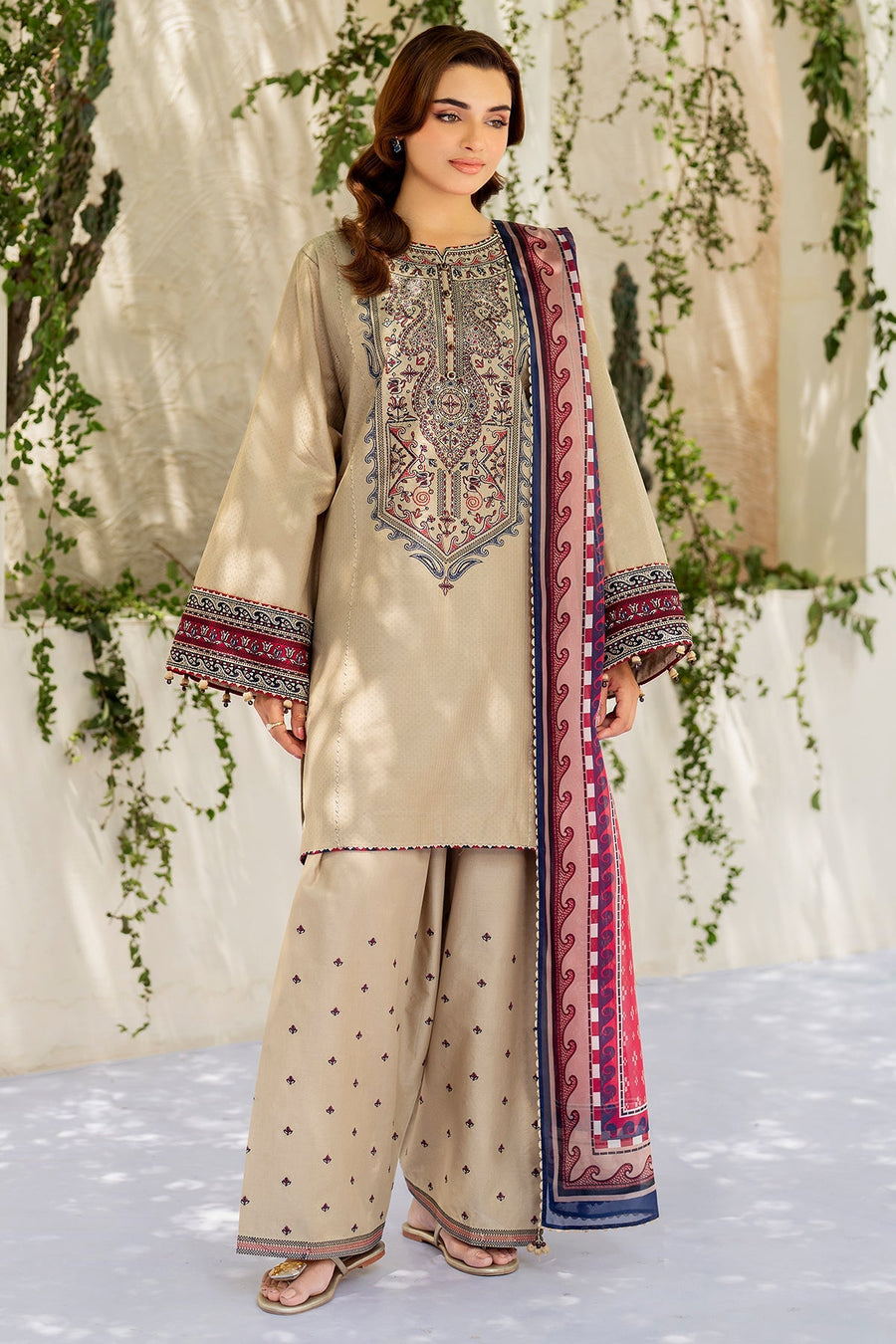 Beige Embroidered Lawn Suit with Cambric Trousers and Printed Silk Dupatta