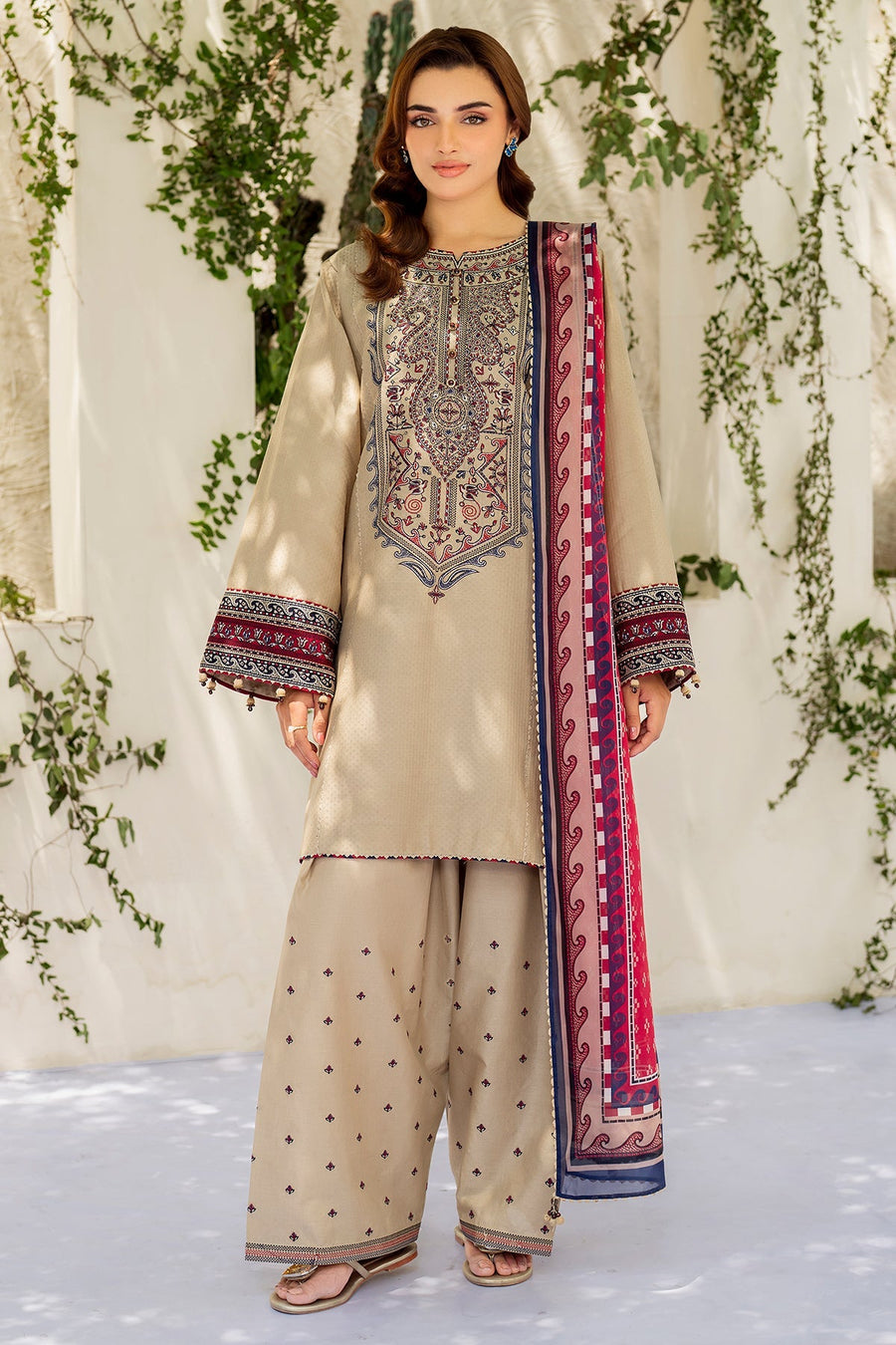 Beige Embroidered Lawn Suit with Cambric Trousers and Printed Silk Dupatta