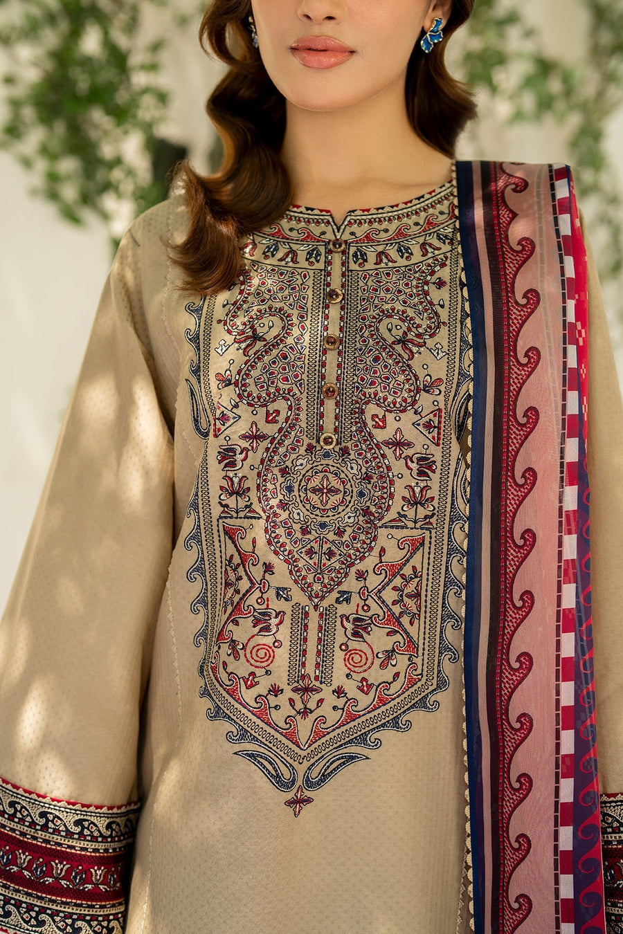 Beige Embroidered Lawn Suit with Cambric Trousers and Printed Silk Dupatta
