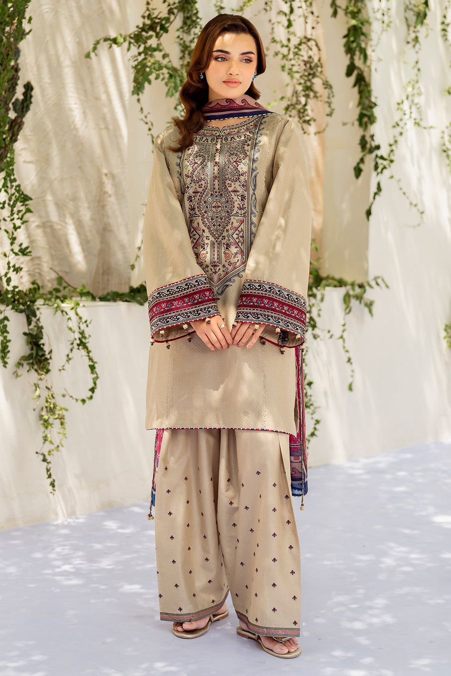 Beige Embroidered Lawn Suit with Cambric Trousers and Printed Silk Dupatta