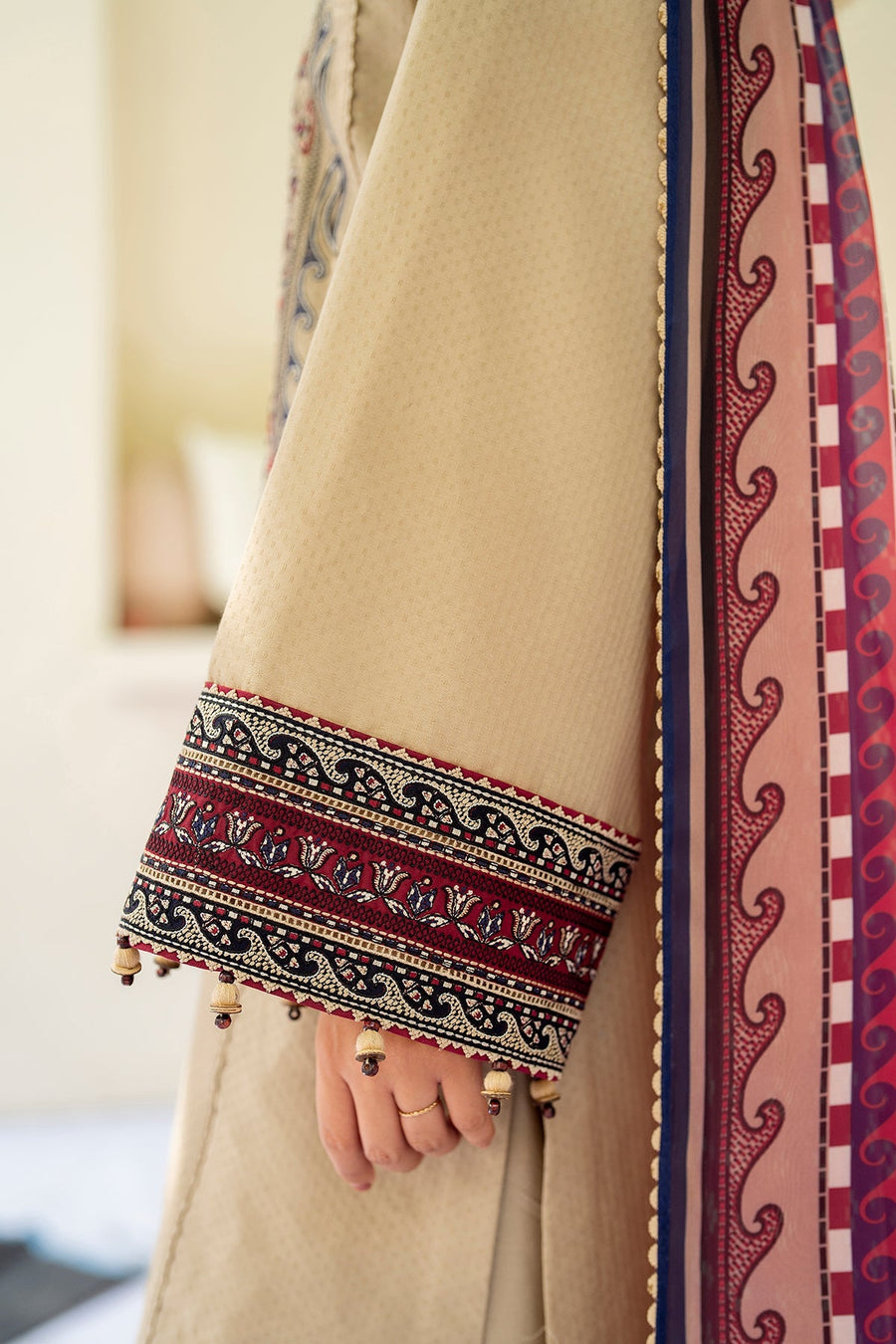 Beige Embroidered Lawn Suit with Cambric Trousers and Printed Silk Dupatta