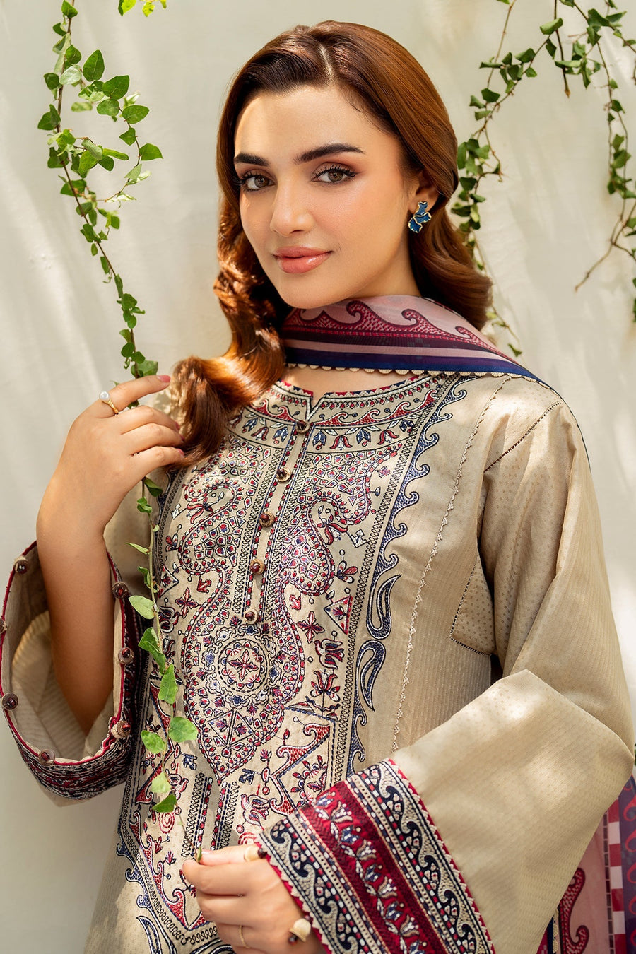 Beige Embroidered Lawn Suit with Cambric Trousers and Printed Silk Dupatta