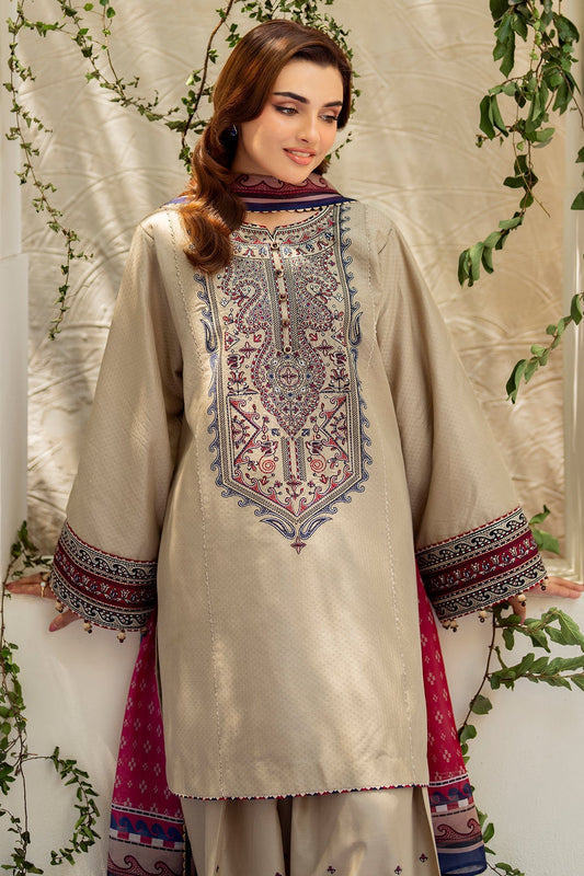 Beige Embroidered Lawn Suit with Cambric Trousers and Printed Silk Dupatta