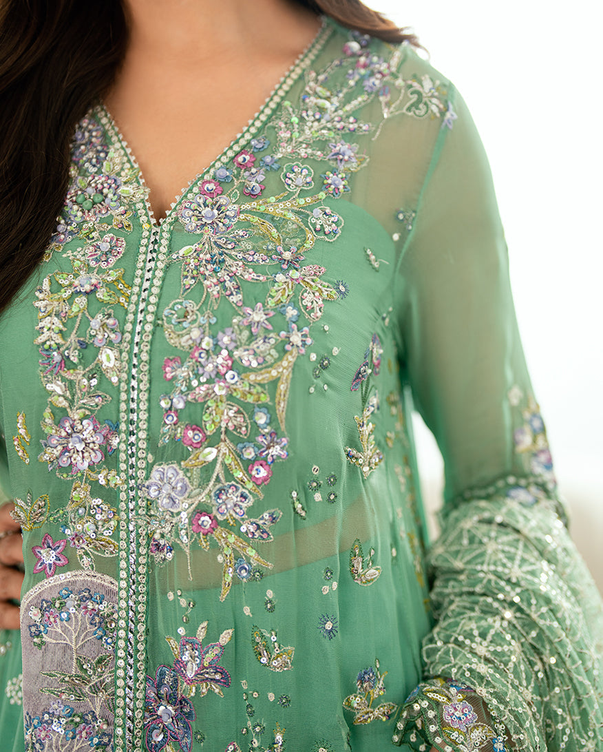 Detailed embroidery on the chiffon dupatta featuring floral and lattice designs with bead accents